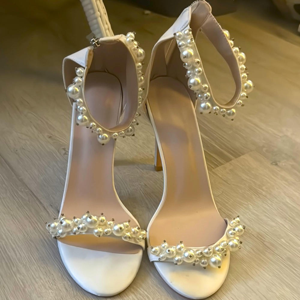Elegant Pearl-Embellished White Heels